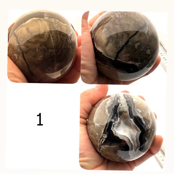 Set of 3 Crystal Spheres- Volcano Agate, Septarian & Orca Agate- with stand - Picture 2 of 10